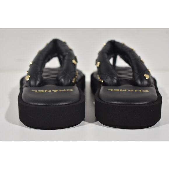 Chanel 23P Black Quilted Charms Padded Pool Thong Logo Mule Slide Flat Sandal 35 - Picture 12 of 12